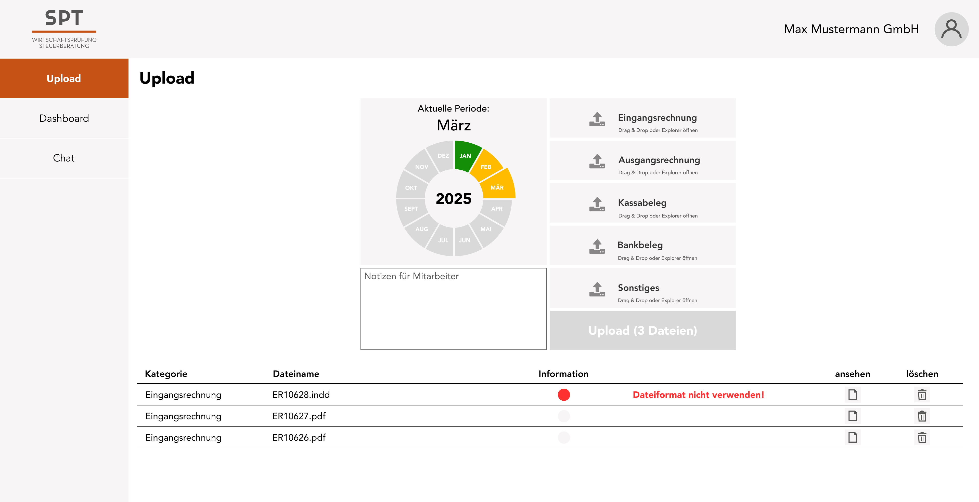 Uploadfenster mit Belegkategorien und Dateiliste